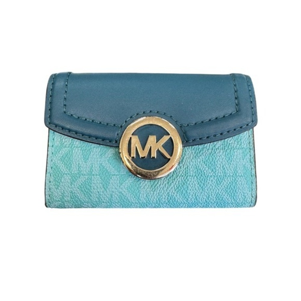 Michael Kors Teal Monogram Trifold Key Case Wallet Gold Tone MK Logo‎ Medallion